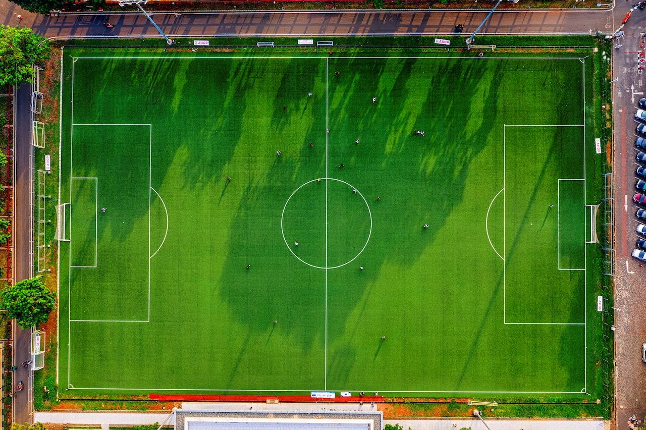 Football feild from a view of a flying drone